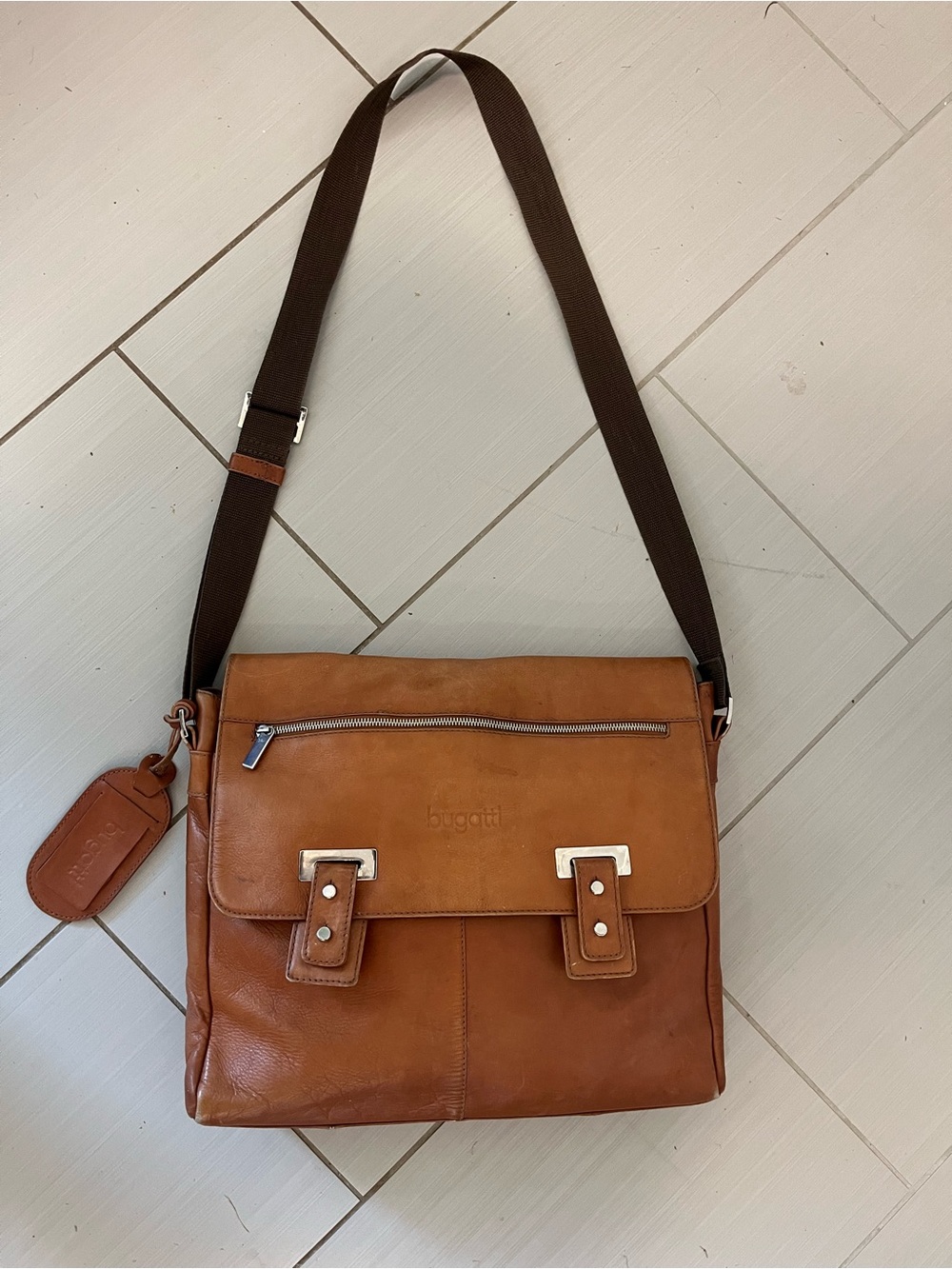 Bugatti Tan Leather Messenger Bag